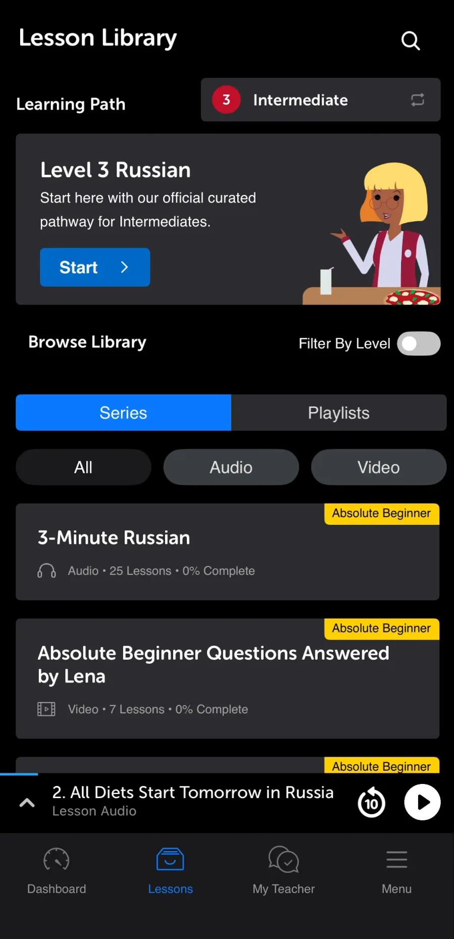 Lesson library in the Innovative Language app filtered to intermediate