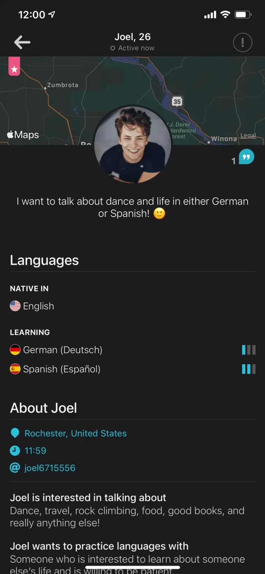 An image of the tandem profile page