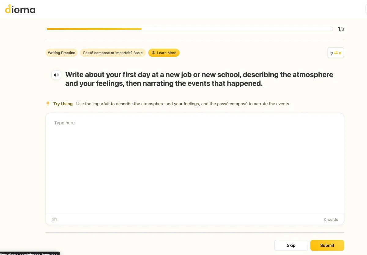 A Dioma writing task with a Try Using hint