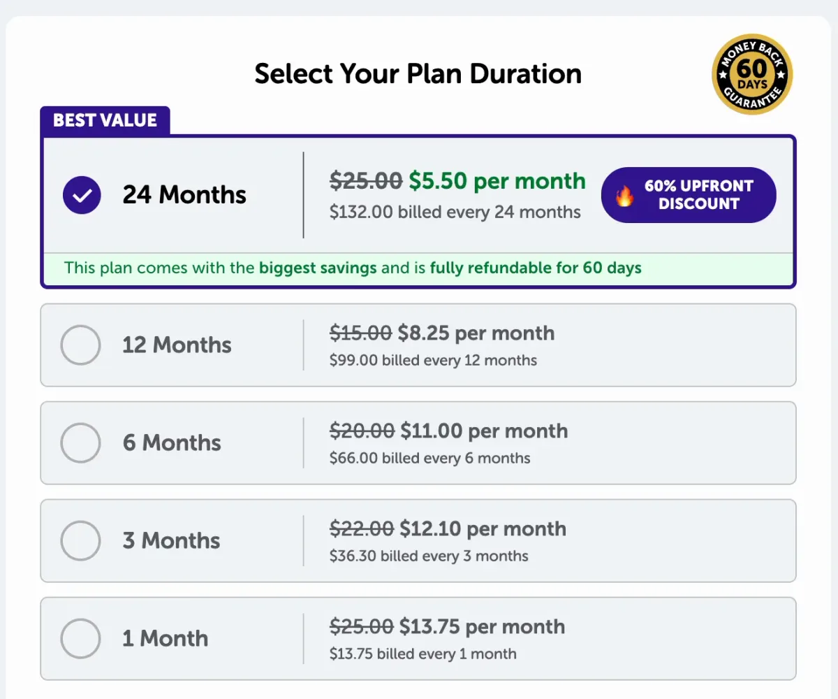 RussianPod101 plan duration options from 1 month to 24 months with sale prices