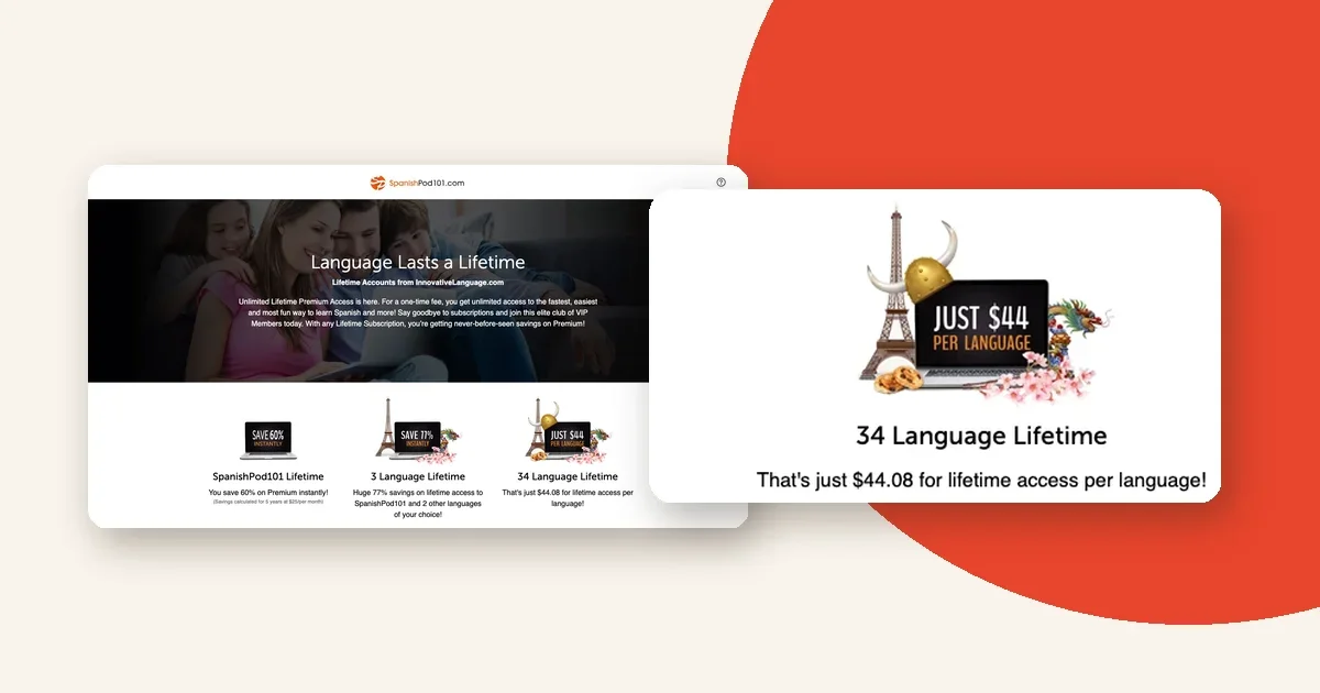 Pod101 lifetime membership offers: save 60%, save 77%, or $44 per language