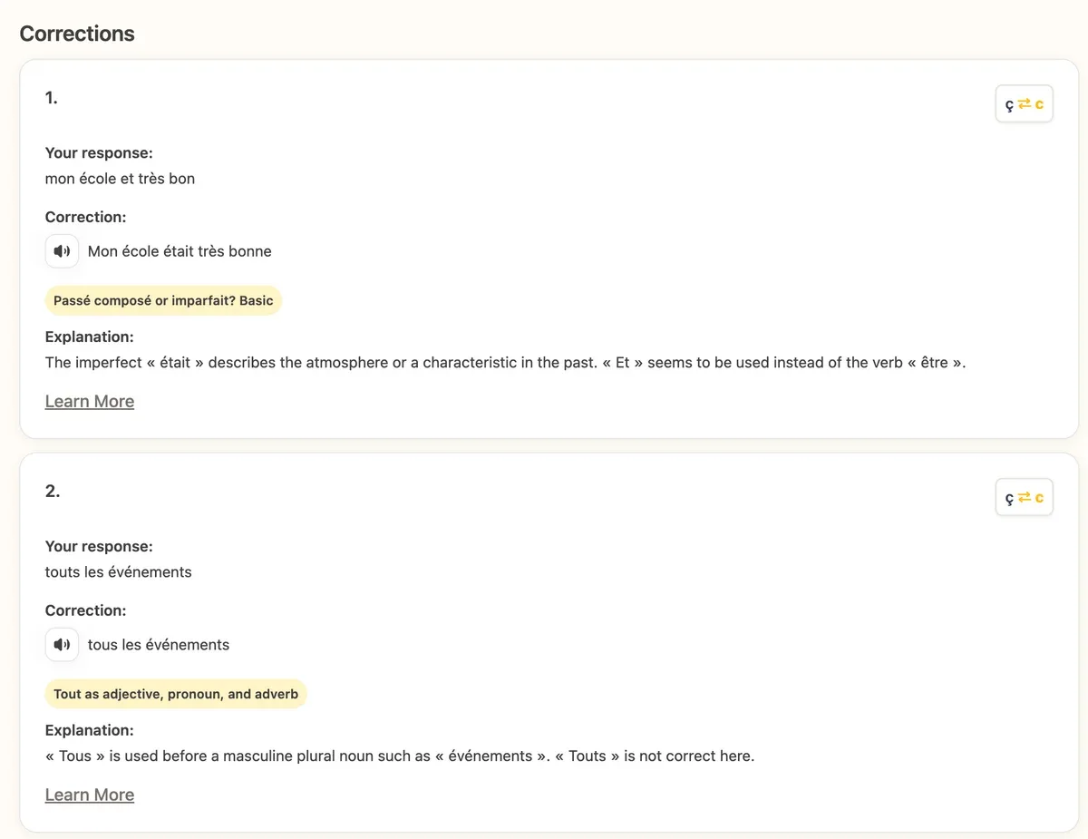 Dioma corrections, each tagged with the curriculum topic it comes from