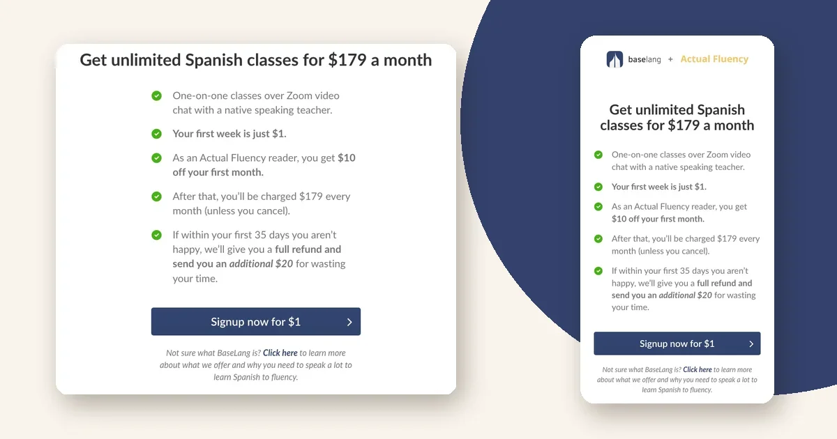 BaseLang's Actual Fluency offer: first week for $1 and $10 off the first month