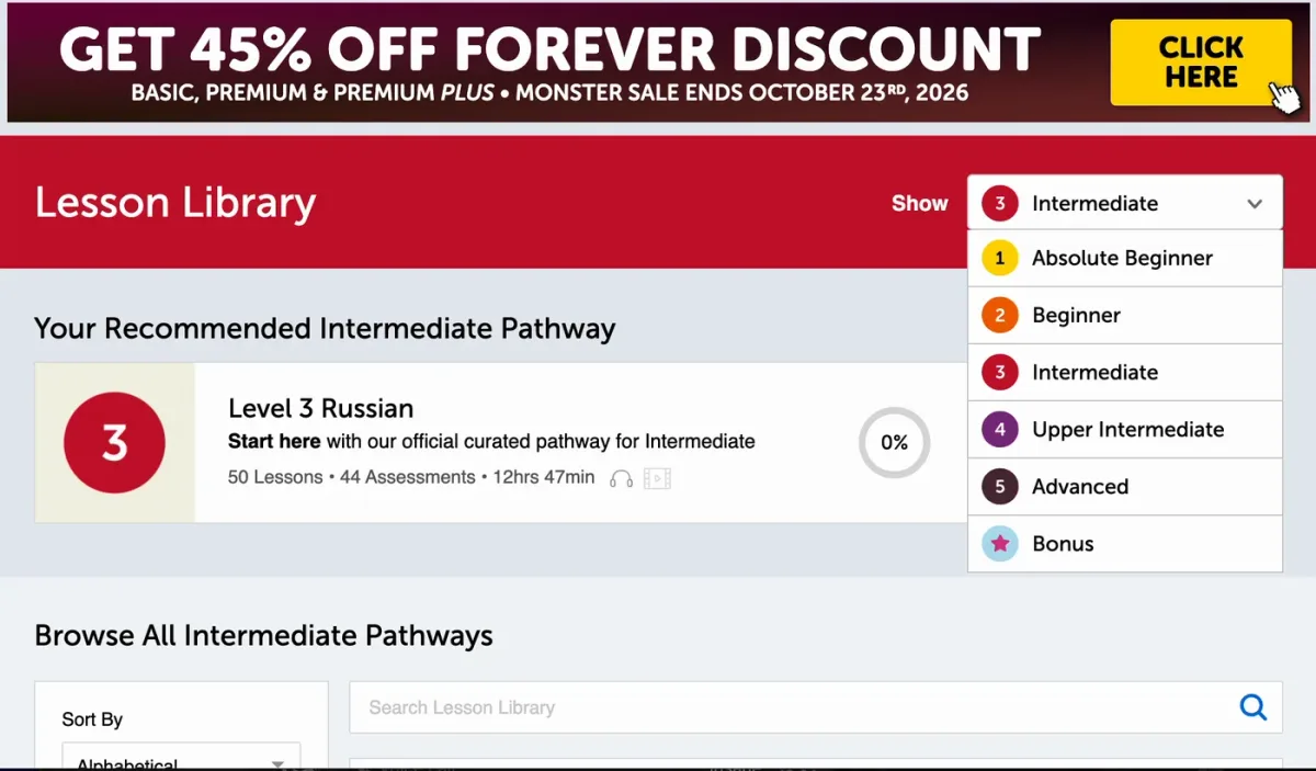 RussianPod101 lesson library with the level menu open