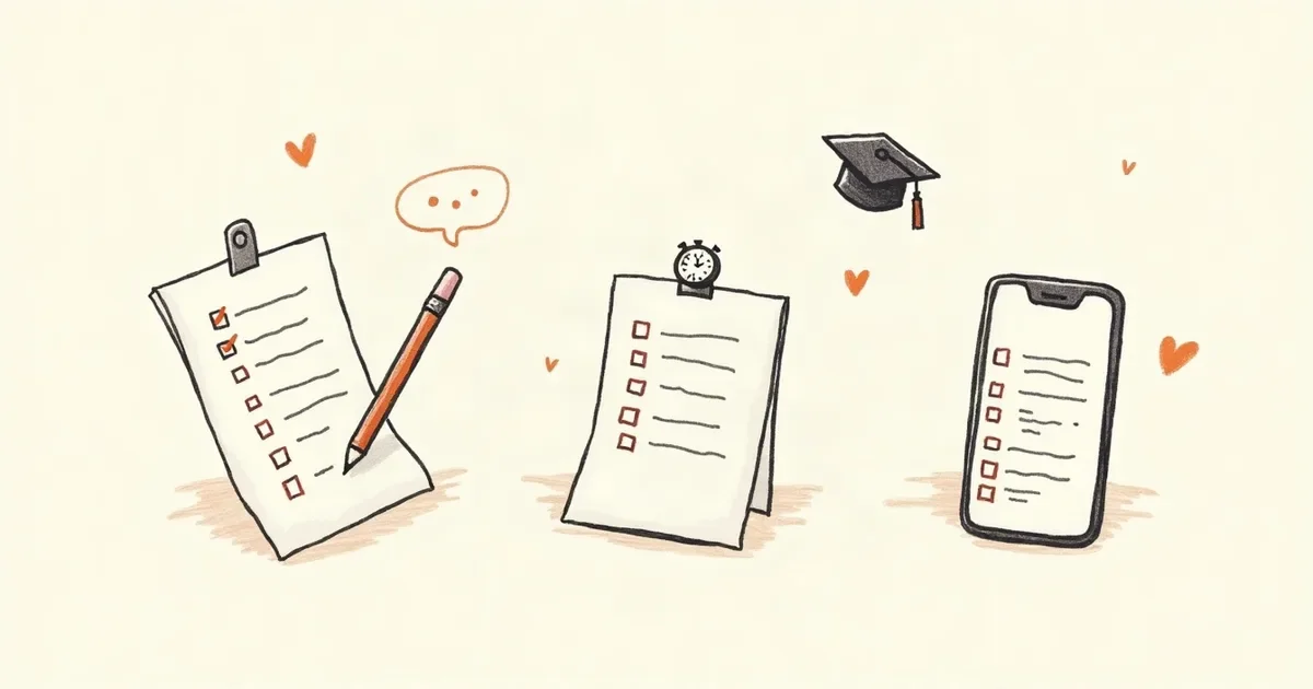 Hand-drawn doodle of a paper test, a folded test sheet and a phone showing a test, with a stopwatch and a graduation cap