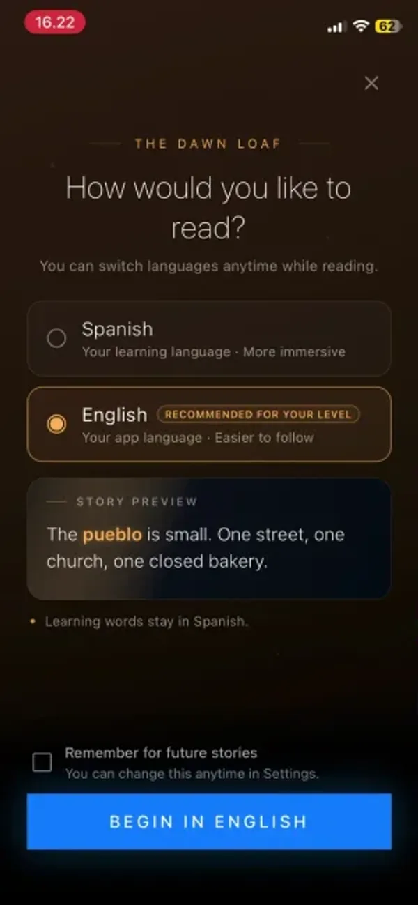 Choosing whether to read the story in the target language or your own