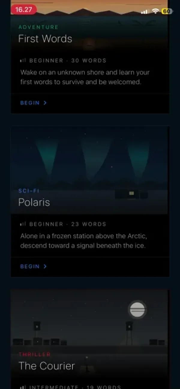 Sensonym story library, beginner to advanced across several genres